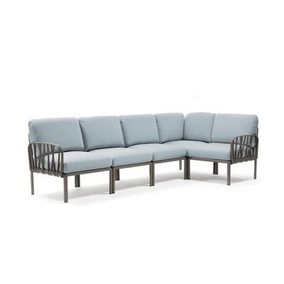 Salon polypropylène et fibre de verre traité anti UV KOMODO Tortora/ Bleu ghiaccio 5 places 88x294x78-154 cm