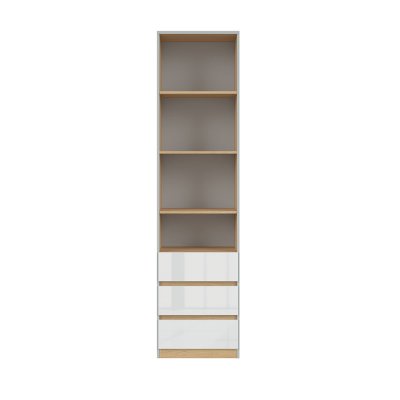 Bibliothèque NANDU gris clair/ chêne polonais/ blanc brillant 3 tiroirs 50x200,5x39 cm