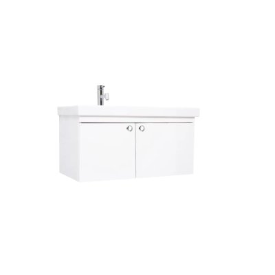 Pack Lavabo VISTA blanc 80x43 cm avec meuble blanc brillent 2 portes et Poignée rond chromé